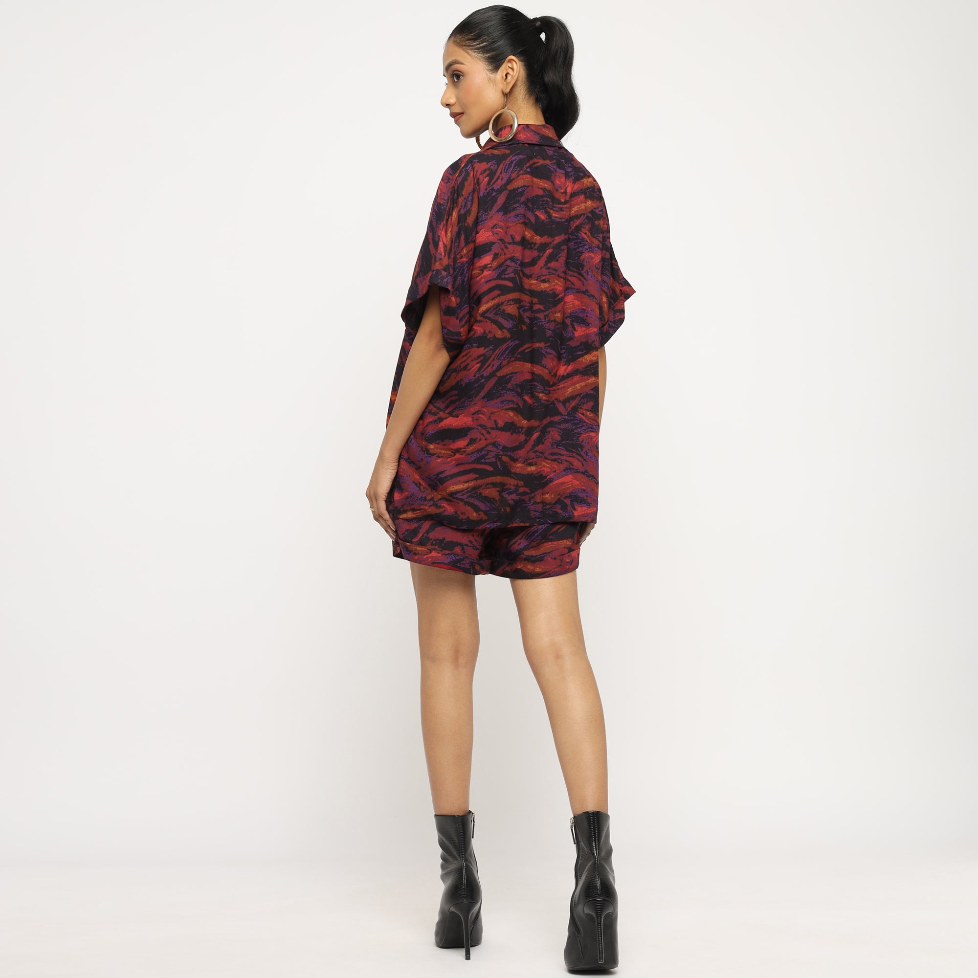 Purple Abstract Printed Co-ord Set with Oversized Shirt and Shorts